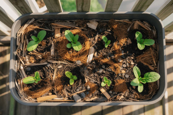Mulched balcony container using coconut husk to retain soil moisture.
