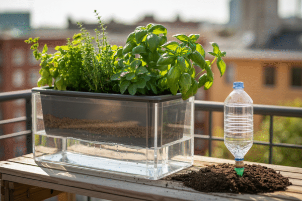 Self-watering planter and DIY bottle irrigation system on a balcony garden