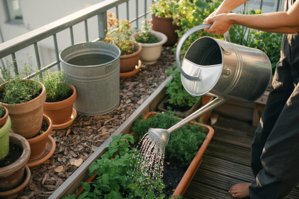 Sustainable balcony garden using rainwater collection and mulching to save water