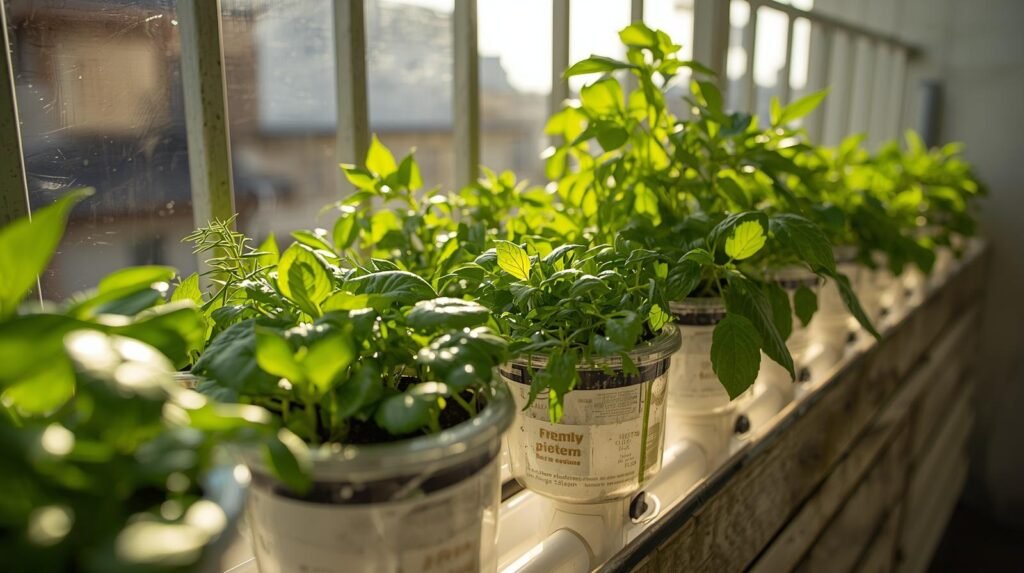 DIY balcony hydroponic system made from recycled bottles and PVC pipes