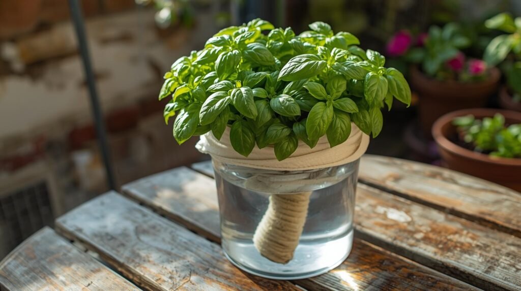 DIY self-watering planter on a balcony table