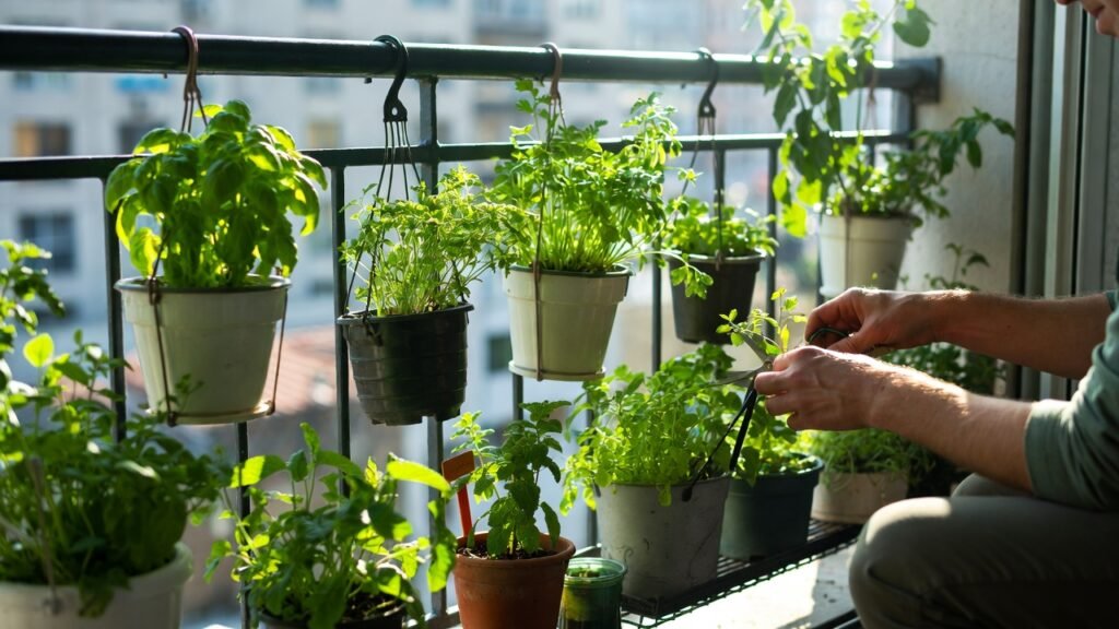 Balcony gardener inspecting leaves and pruning herbs