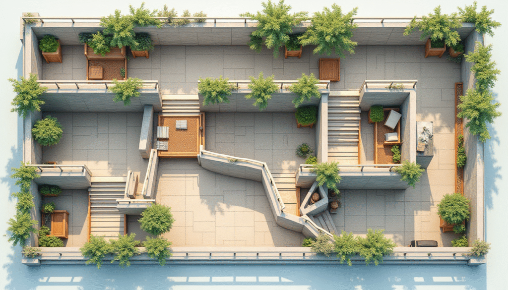 Balcony layout showing tiered shelves