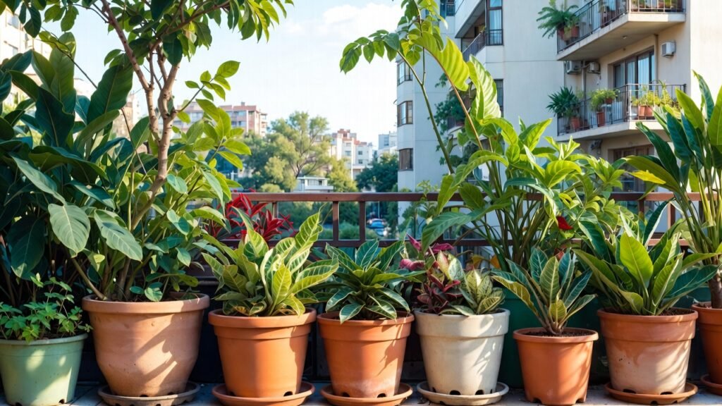 Balcony herb pots with visible drainage holes and healthy soil.