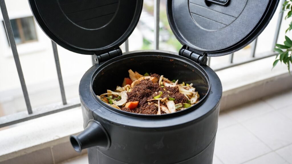Balcony composting setup showing a compact Bokashi bin with layered food waste and fermentation bran.