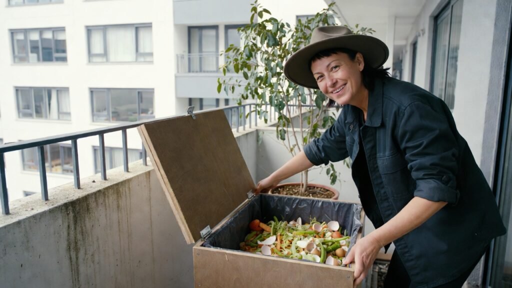 Balcony composting in action as an urban gardener adjusts a compost bin on a small balcony.