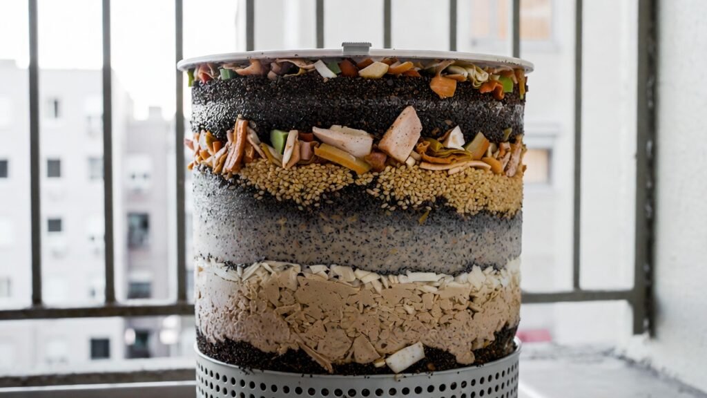 Balcony composting close-up of a Bokashi bin with food scraps layered with bran on an urban balcony.