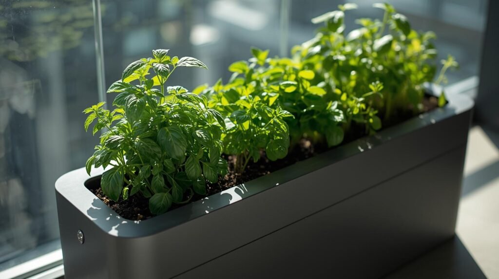 Modern ready-made self-watering planter with herbs on a sunny balcony