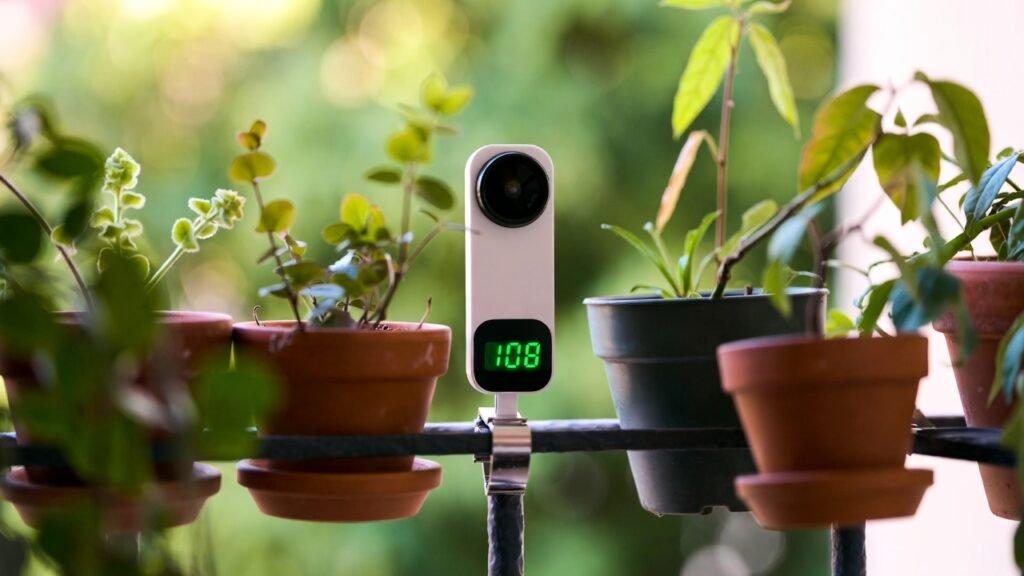Compact temperature and humidity sensor clipped to balcony railing near potted plants
