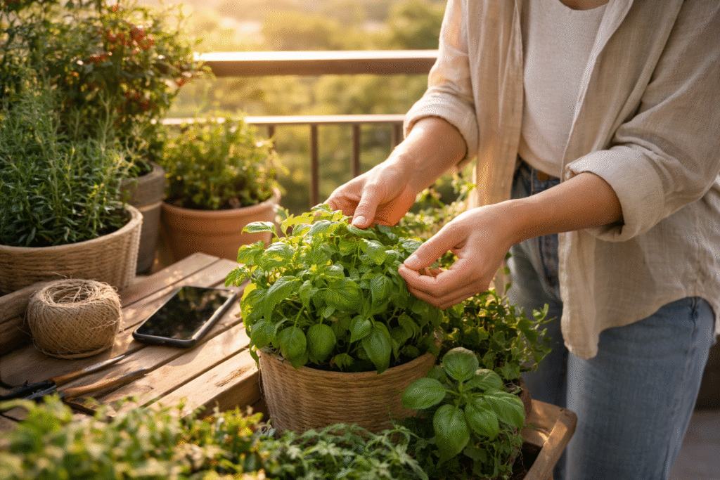 Landscape view of a gardener gently touching leaves on a balcony, with a smartphone placed face-down on a wooden table, surrounded by healthy potted plants.