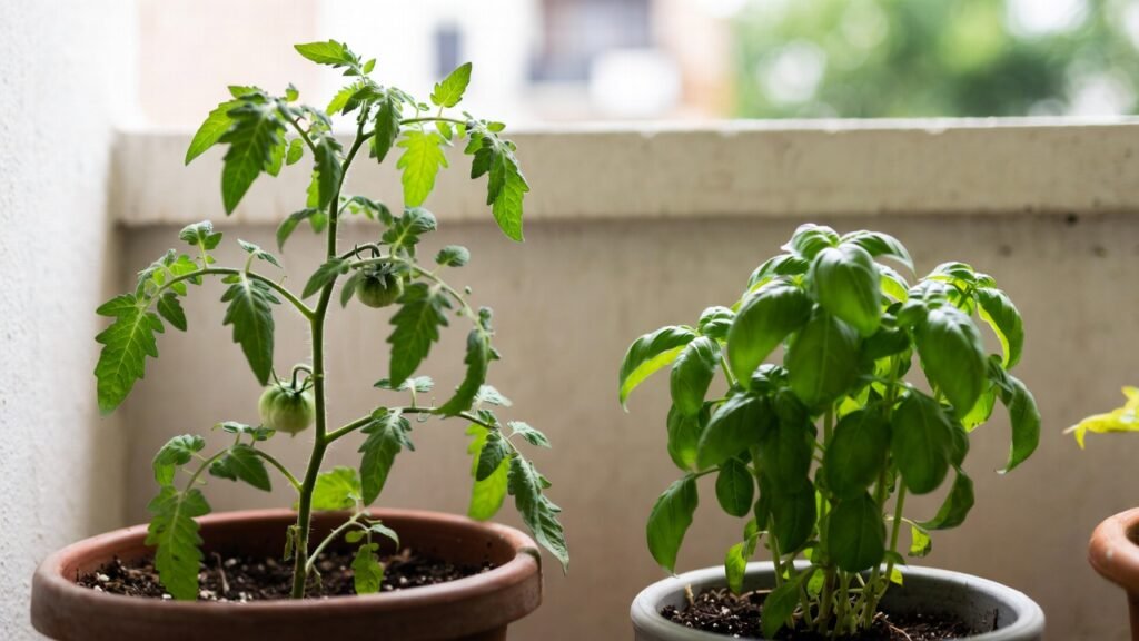 Well-spaced tomato and basil plants growing together in a balcony container with visible airflow and balanced foliage.