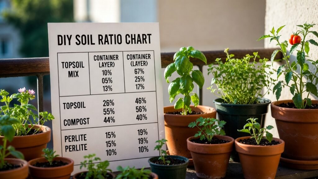 Chart showing DIY container soil ratios next to potted balcony plants, helping gardeners create balanced soil mixes.