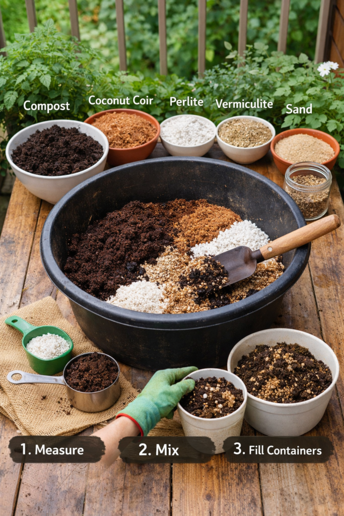 Step-by-step DIY container soil mixes for balcony plants, showing ingredients, ratios, and preparation process.