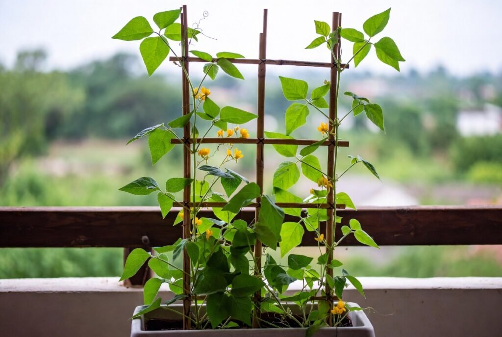 Balcony climbing plants on a small container using a lightweight DIY trellis to support healthy bean growth.