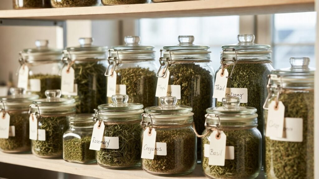 Collection of dried herbs like chamomile, mint, and rosemary in labeled jars on a kitchen shelf, ideal for herbal teas and cooking.