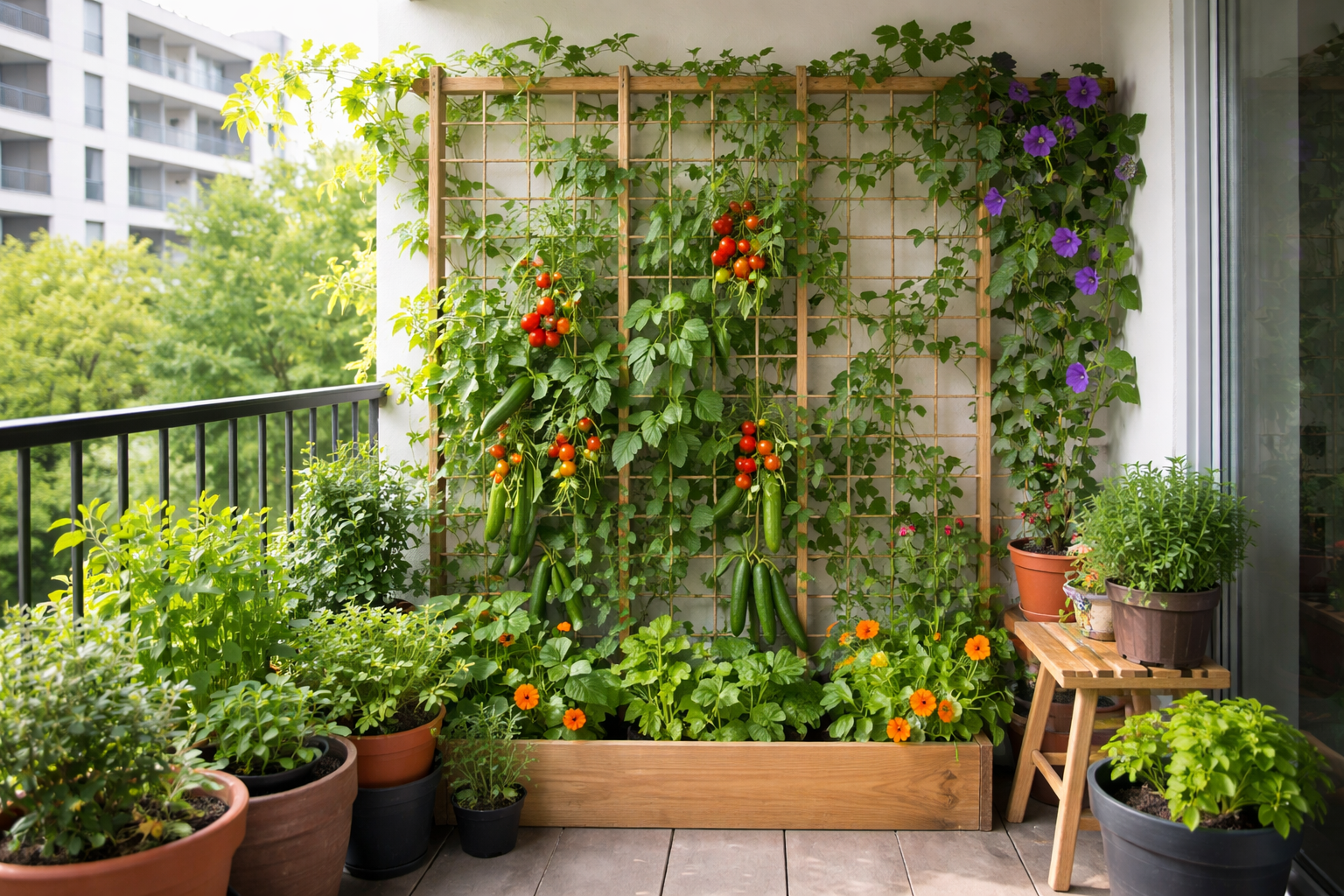 Compact vertical garden with balcony climbing plants growing on a DIY trellis, showcasing vegetables, herbs, and vibrant greenery in a small balcony space.