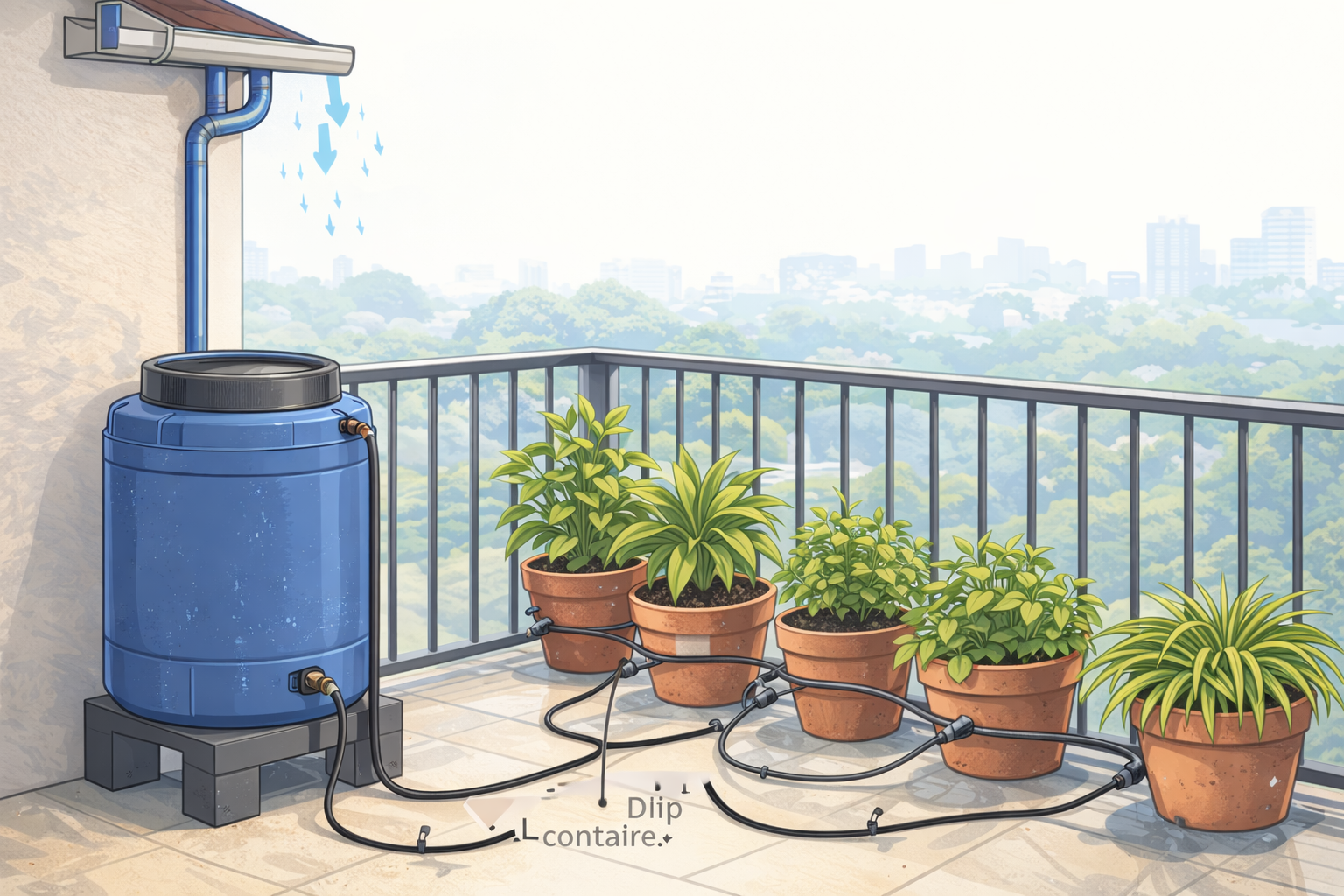 Balcony rainwater harvesting setup with container and drip irrigation feeding potted plants.