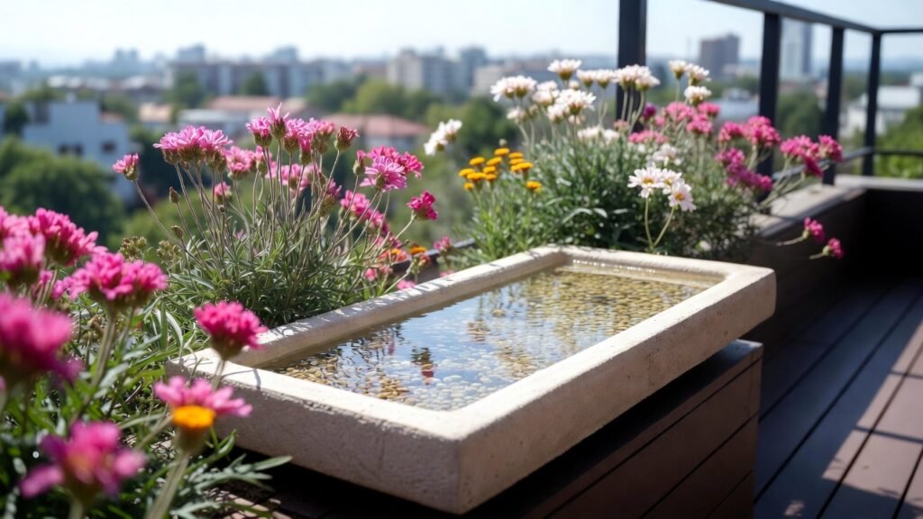 Pollinator-friendly balcony gardens featuring a shallow water dish for bees and butterflies.