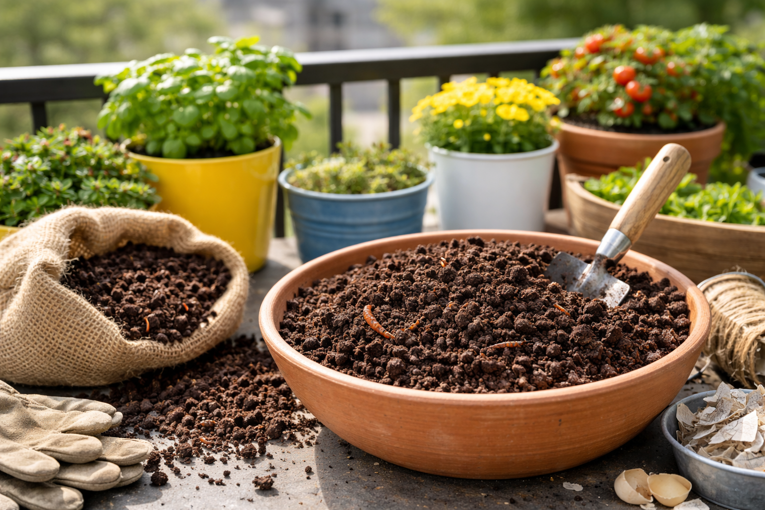 Harvested worm castings ready for balcony worm farming and enriching container garden soil
