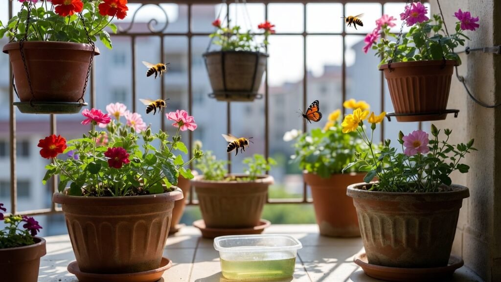 Pollinator-friendly balcony gardens with flowering pots attracting bees and butterflies.