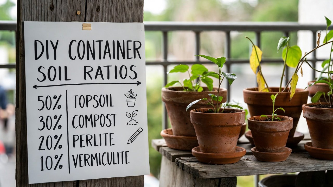 Chart showing DIY container soil mixes with labeled ingredients and ratios next to potted balcony plants, illustrating step-by-step preparation for optimal growth in small-space gardening.