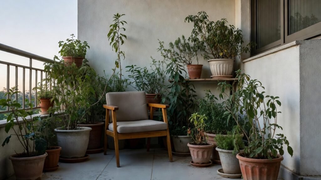 Cozy balcony corner with small chair surrounded by potted medicinal herbs in terracotta and ceramic containers.