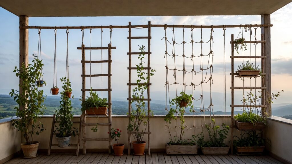 Balcony climbing plants, including tomatoes and beans, supported on a DIY trellis in a small urban balcony garden.