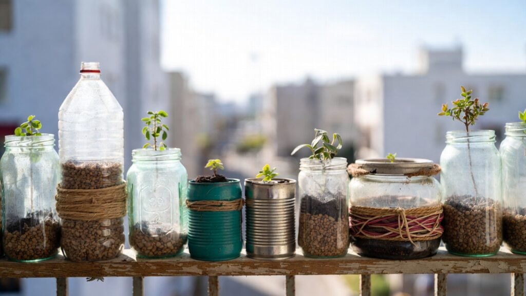 Upcycled balcony planters with decorative touches for small-space gardening