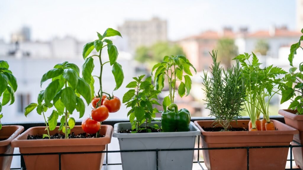 Container companion planting in balcony pots with basil, lettuce, and peppers growing closely in healthy, well-balanced soil.