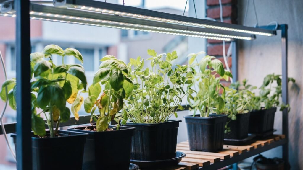 Balcony Garden Lighting hacks: Small balcony container herbs thriving under LED grow lights during winter.
