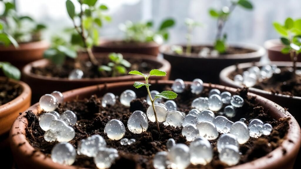 Hydrogel beads mixed into soil for balcony garden water retention.