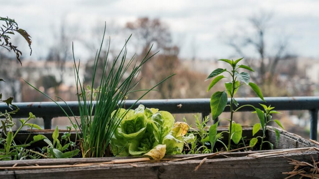 Balcony container featuring lettuce, chives, and young pepper plants arranged for seasonal succession planting.