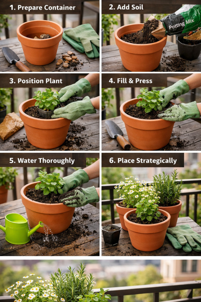 Step-by-step potting process for Tea & Medicinal Plants on a Balcony with gloves, soil mix, and terracotta pots.