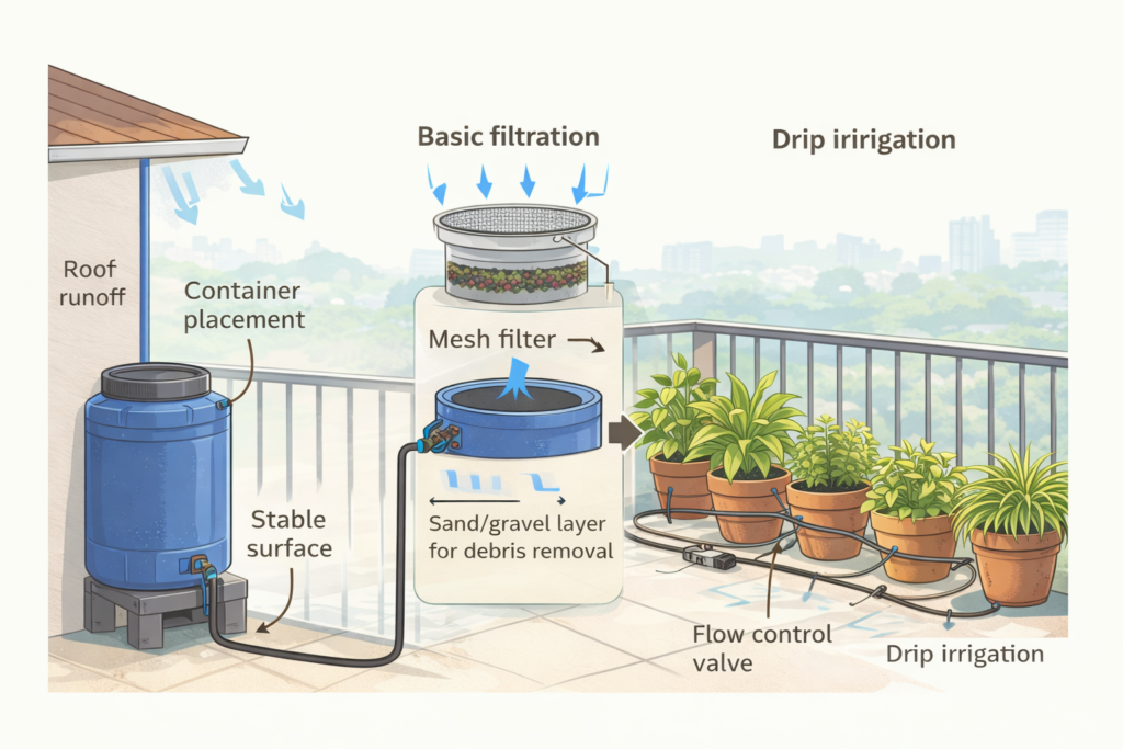 Balcony rainwater harvesting diagram showing container placement, filtration, and drip irrigation.