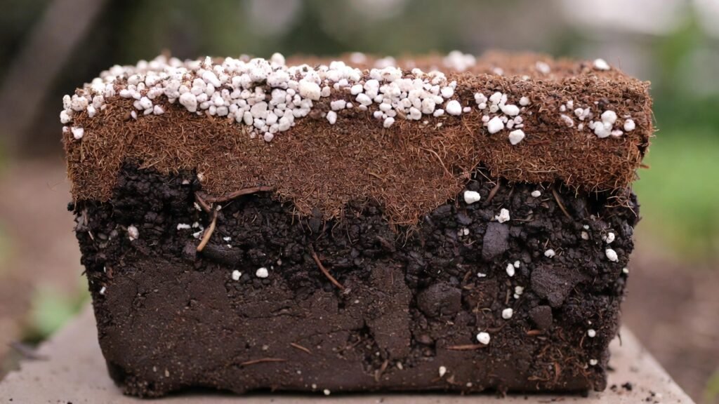 Container with layered vegetable soil mix showing compost, coir, and perlite for balcony plants.
