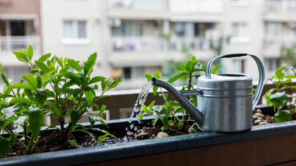 Balcony rainwater harvesting pouring water into a planter for small-space gardening.