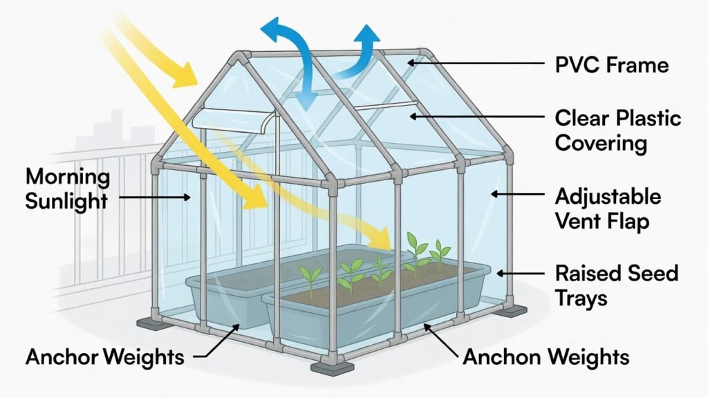 Airflow and light direction diagram inside a DIY balcony greenhouse on a small apartment balcony