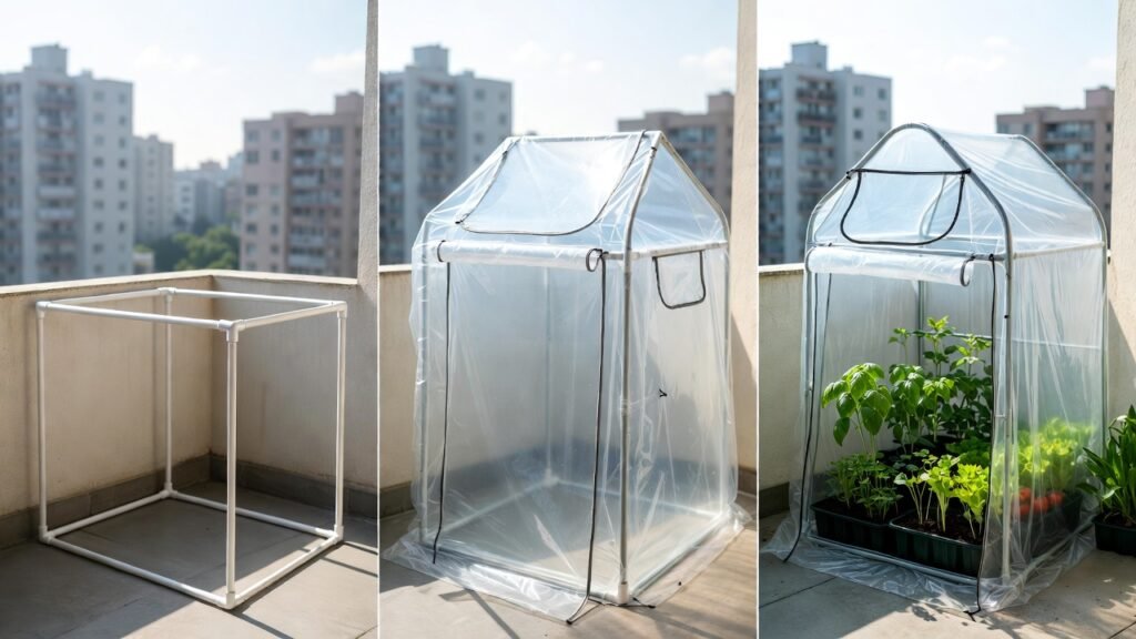 Step-by-step balcony mini greenhouse assembly with container seedlings arranged inside the frame