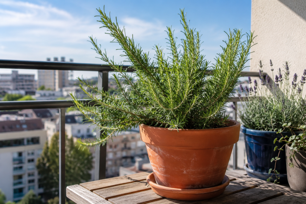 Wind-Resistant Plants for Balcony Gardens: A realistic photo of a healthy rosemary plant growing in a clay pot on a windy apartment balcony with sunlight and a blurred city background, demonstrating resilient plant choices for exposed urban gardening conditions.